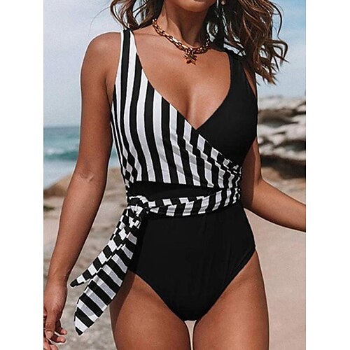 

Women's Swimwear One Piece Normal Swimsuit Lace up Striped Black Red Blue Gray Bodysuit Bathing Suits Sports Beach Wear Summer