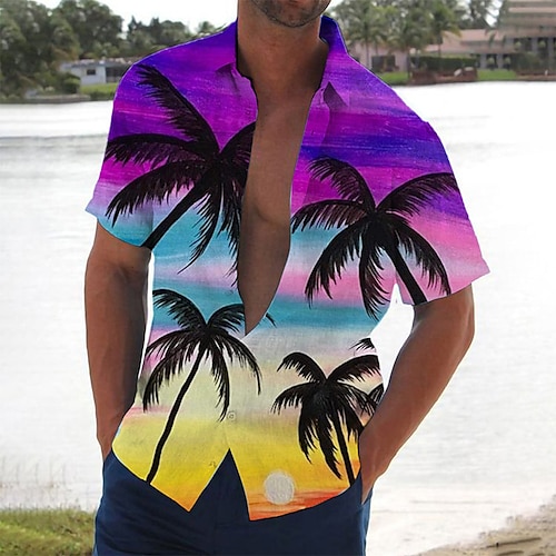 

Herren Hemd Hawaiihemd Sommerhemd Kokosnussbaum Grafik-Drucke Umlegekragen Gelb Purpur Strasse Casual Kurze Ärmel Button-Down Bedruckt Bekleidung Tropisch Sport Strassenmode Designer