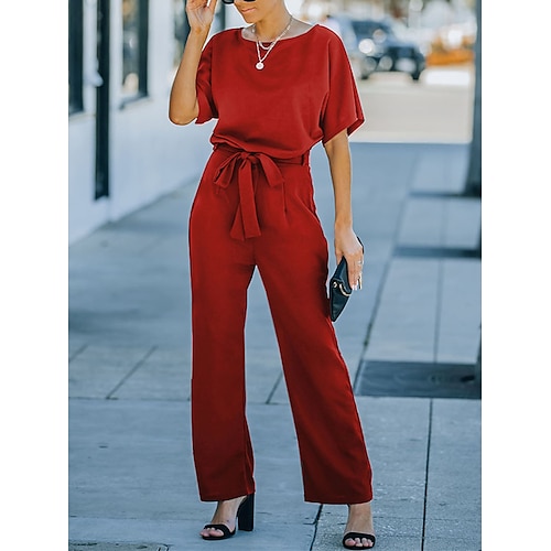 

Damen Jumpsuit mit Schnürung Hohe Taillenlinie Feste Farbe Rundhalsausschnitt Strassenmode Brautkleider schlicht Täglich Urlaub Regular Fit Kurzarm Schwarz Hellgrün Rote S M L XL Frühling