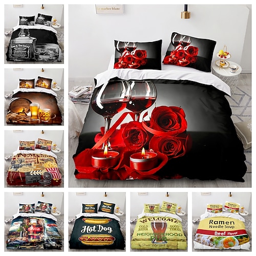 

Conjunto de capa de edredom de hambúrguer com tema de comida padrão 3d, conjunto de roupa de cama para casa, vinho tinto, cerveja, microfibra macia, capa de edredom, fronha, sem edredom, 1 capa de