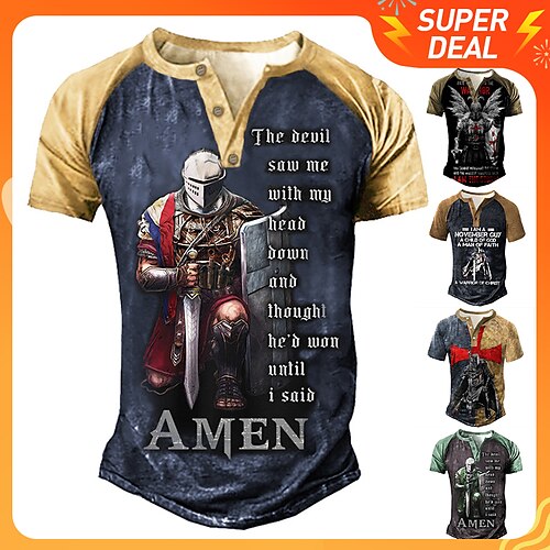 

Men's Henley Shirt T shirt Tee Graphic Tees Templar Cross Soldier Henley Green Black Blue Navy Blue Coffee 3D Print Plus Size Outdoor Daily Short Sleeve Patchwork Button-Down Clothing Apparel Basic