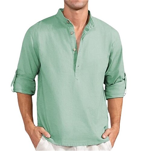 

Hombre camisa de lino Camisa de verano Camisa de playa Blanco Rosa Azul Piscina Manga Larga Plano Cuello Mao Primavera verano Diario Hawaiano Ropa Botón