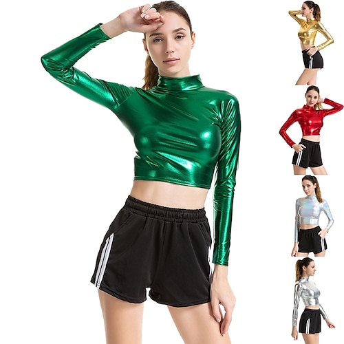 

Metallic Sexy 1980s Shiny Latex Patent Crop Top PU Leather Women's Costume Vintage Cosplay Party Long Sleeve Top Masquerade