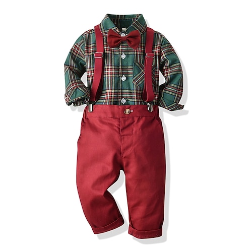 

2 pezzi Bambino Da ragazzo Camicia e pantaloni Vestito A quadri Manica lunga Impostare Informale Essenziale Fantastico Primavera Estate 3-7 anni Verde