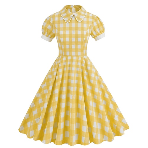 

Dame Elegant Retro Rød Vintage kjole Midikjole utendørs Daglig Rynket Lomme Ruter Knaphul Kortermet Normal Sommer Vår 2023 Gul Rosa S M L XL