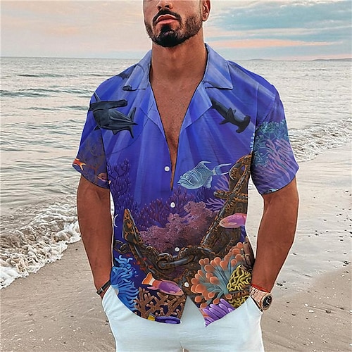 

Homens Camisa Social Camisa havaiana Estampas Abstratas vida marinha Aberto para a Lateral Azul Roxo Azul Claro Casual Feriado Manga Curta Botão para baixo Imprimir Roupa Tropical Moda Roupa de rua