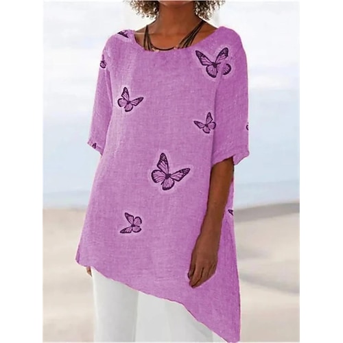 

Chemise Chemisier Femme Fuchsia Papillon Asymétrique Imprimer Manche Courte Casual basique Col Rond Longue Standard Papillon S