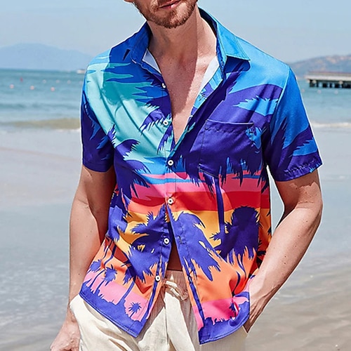 

Herren Hemd Hawaiihemd Sommerhemd Kokosnussbaum Grafik-Drucke Umlegekragen Blau Outdoor Strasse Kurze Ärmel Button-Down Bedruckt Bekleidung Tropisch Modisch Hawaiianisch Designer