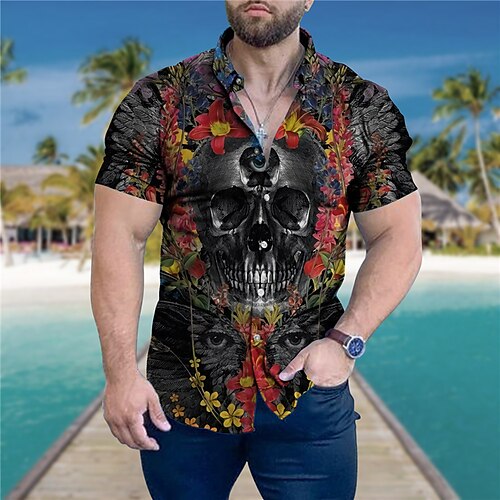 

Men's Shirt Summer Hawaiian Shirt Floral Skull Graphic Prints Turndown Black Rainbow Gray Street Casual Short Sleeves Button-Down Print Clothing Apparel Tropical Sports Streetwear Designer