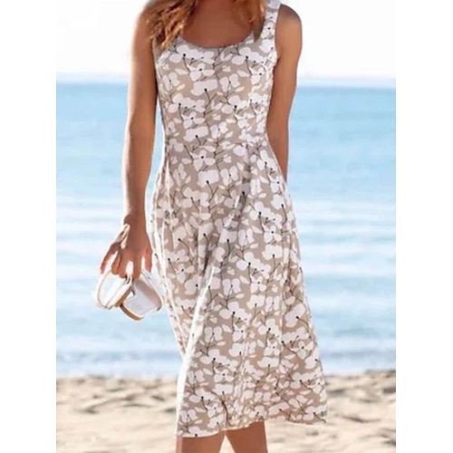 

Women's Beach Dress Beach Wear Midi Dress Print Cute Modern Floral Spaghetti Strap Sleeveless Loose Fit Daily Vacation Apricot 2023 Summer Spring S M L XL