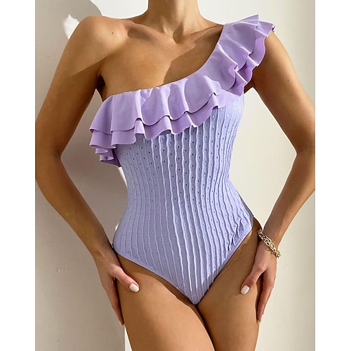 

Women's Swimwear One Piece Normal Swimsuit Ruffle Solid Color Purple Bathing Suits Sports Summer