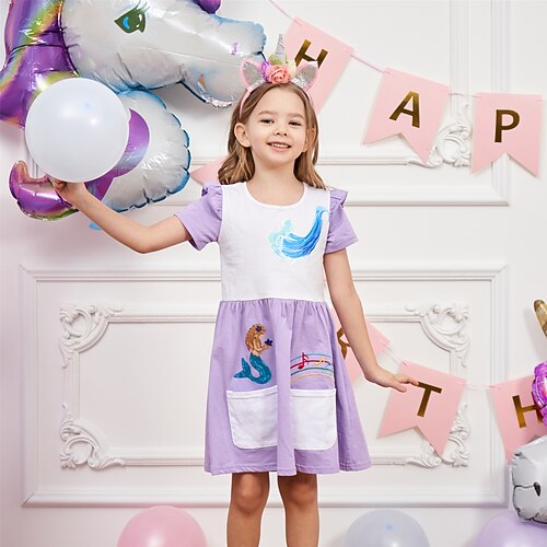 

Bambino Da ragazza Vestito Cartoni animati Sirena Abito casual Al ginocchio Vestito Prestazioni Con ricami Cotone Girocollo Manica corta stile sveglio Vestito 3-7 anni Estate Viola