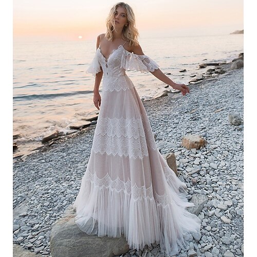 

Spiaggia / Destinazione Schiena scoperta Boho Abiti da sposa Strascico a terra Linea-A Manica corta A V Di pizzo Con Di pizzo 2023 Primavera estate Abiti da sposa