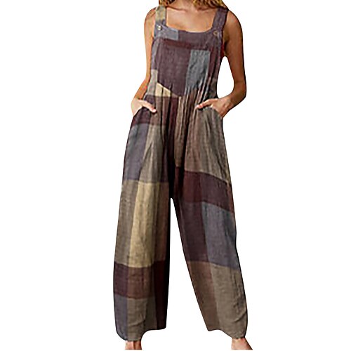 

Combinaison Femme Dos Nu Poche Plaid Col en U Vêtement de rue Vacances Sortie Standard Sans Manches Rouge S Printemps