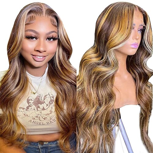 

body wave highlight ombre blonder frontparykk menneskehår forhåndsplukket 13x4 hd transparent 180% skjebne 4/27 fargede blonder frontparykker for svarte kvinner med babyhår honning blond blonder
