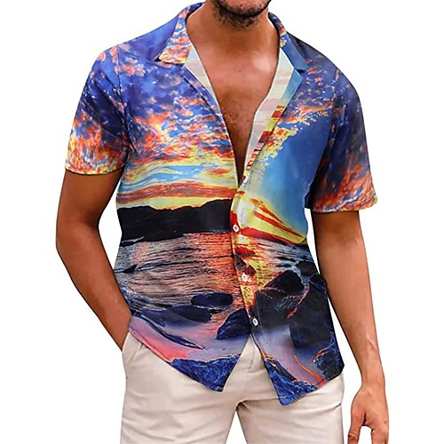 

Homens Camisa Social Cenário Estampas Abstratas Praia Aberto para a Lateral Azul Rua Casual Manga Curta Botão para baixo Imprimir Roupa Esportes Moda Roupa de rua Designer