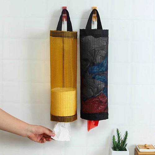 

De bolsas creativas para colgar artículos diversos, dispensador de basura, rejilla de tela, soporte para vegetales, cocina, baño, muestreo conveniente