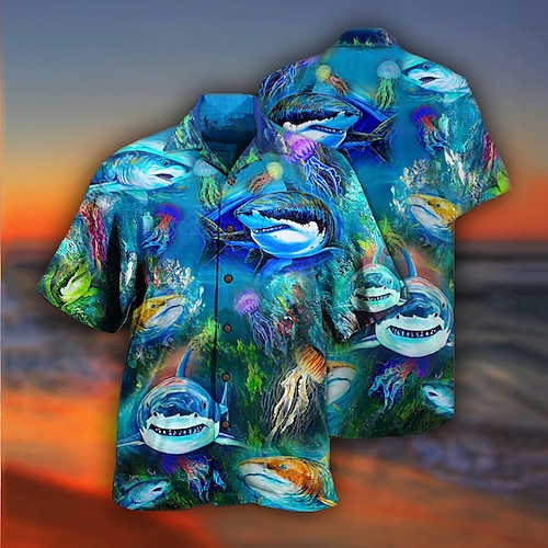 

Men's Shirt Summer Hawaiian Shirt Shark Graphic Prints Turndown Blue Casual Holiday Short Sleeve Button-Down Print Clothing Apparel Tropical Fashion Streetwear Hawaiian