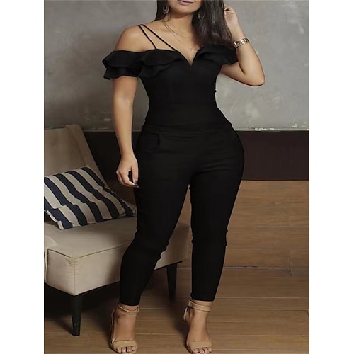 

Women's Jumpsuit Pocket High Waist Solid Color Off Shoulder Elegant Party Cocktail Party Regular Fit Short Sleeve Black S M L Spring