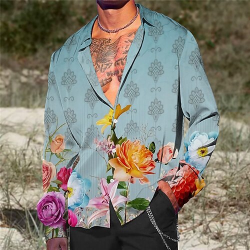 

Hombre Camisa Floral Estampados Cuello Vuelto Albaricoque Azul Piscina Gris Exterior Calle Manga Larga Abotonar Estampado Ropa Moda Boho Ropa de calle Design