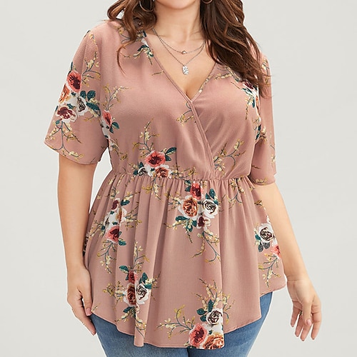 

Mulheres Camisa Social Peplum Branco Rosa Vinho Floral Túnica esvoaçante Imprimir Manga Curta Casual Feriado Básico Decote V Padrão Tema Flores M