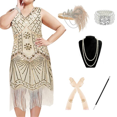 

Gatsby le magnifique Les rugissantes années 20 1920s Robe de cocktail Robe vintage Robe à clapet Robe de cocktail Ensemble d'accessoires Femme Paillettes Franges Costume Vintage Cosplay Fête / Soirée