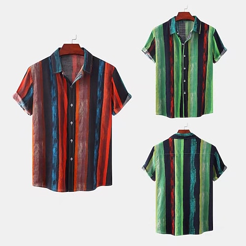 

Herre Skjorte Button Up skjorte Sommer skjorte Casual skjorte Rød Grøn Kortærmet Stribet Aftæpning Gade Daglig Tøj Hør Stilfuld Afslappet Klassisk