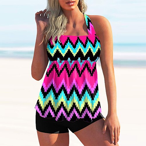 

Mulheres Roupa de Banho Tankini 2 partes Tamanho Grande roupa de banho 2 Peças Estampado Bloco de cor Linhas / Ondas Azul Vermelho Rosa Malha Íntima Fatos de banho Esportivo Roupa de Praia Verão