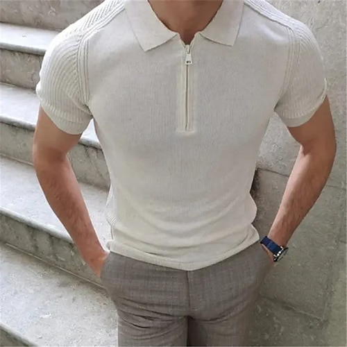 

Herre Zip Polo Golf skjorte Dagligdagstøy Aftæpning Quarter Zip Kortermet Mote Ensfarget / vanlig farge Sexy Vår sommer Normal Svart Hvit Gul Rød Oransje Zip Polo