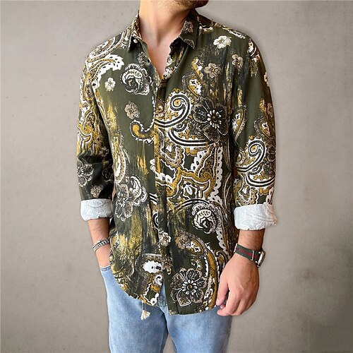 

Hombre Camisa Floral Tribal Estampados Cuello Vuelto Marrón Exterior Calle Manga Larga Abotonar Estampado Ropa Moda Boho Design