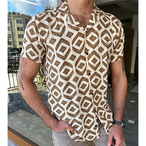 

Hombre Camisa Estampados Geometría Cuello Vuelto Caqui Calle Casual Manga Corta Abotonar Estampado Ropa Deportes Moda Ropa de calle Design