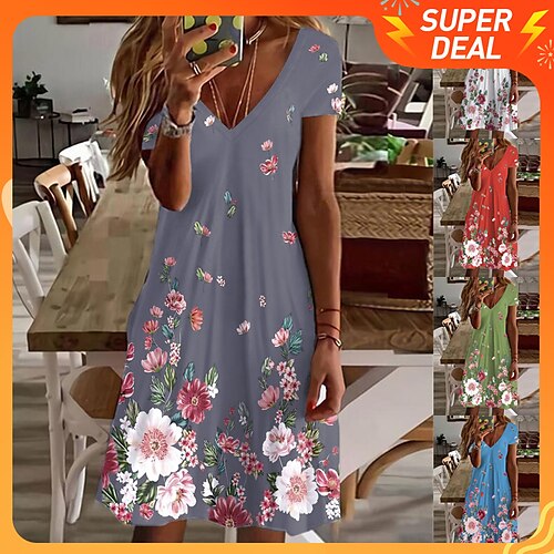 

Women's Casual Dress Shift Dress Floral Dress Mini Dress Light Blue White Light Green Short Sleeve Floral Print Spring Summer V Neck Basic Daily Weekend 2023 S M L XL 2XL 3XL 4XL