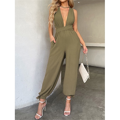 

Damen Jumpsuit Rückenfrei Tasche Feste Farbe V Ausschnitt Geschäftlich Elegant B¨¹ro Arbeit Regular Fit Ärmellos Schwarz Armeegrün S M L XL Frühling