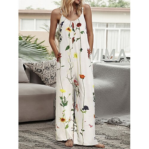 

Mujer Mono Bolsillo Estampado Floral Cuello Barco Ropa de calle Diario Vacaciones Holgado Sin Mangas Blanco Verde Claro Verde Ejército S M L Primavera