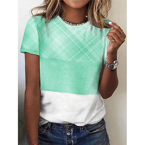 

Damen T Shirt Gelb Rosa Blau Plaid Bedruckt Kurzarm Täglich Wochenende Basic Rundhalsausschnitt Standard Geometrisch Farbe S