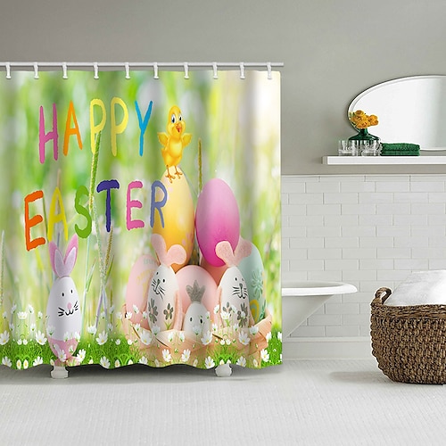 

Cortina de chuveiro feliz páscoa com ganchos, padrão de coelho arte engraçada tecido decoração para casa banheiro cortina de chuveiro lavável à prova dwaterproof água com gancho luxo moderno