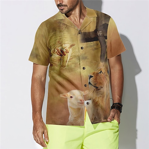 

Homens Camisa Social Camisa havaiana Leão Estampas Abstratas Jesus Aberto para a Lateral Amarelo Casual Feriado Manga Curta Botão para baixo Imprimir Roupa Tropical Moda Havaiana Macia