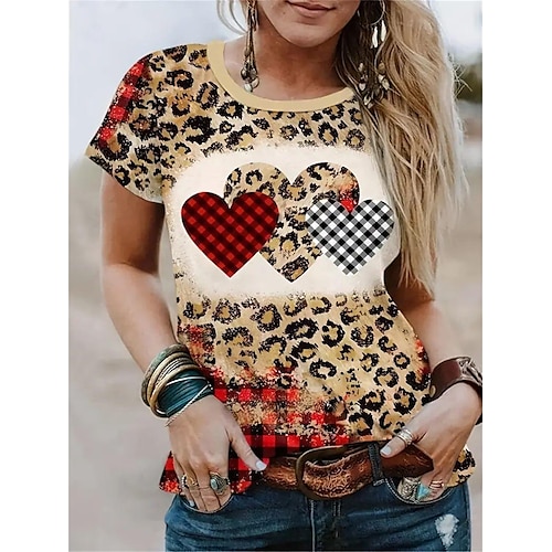 

Mulheres Camiseta Amarelo Leopardo Coração Imprimir Manga Curta Diário Final de semana Básico Decote Redondo Padrão Pintura S