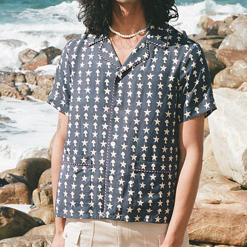 

Herre Skjorte Hawaii skjorte Button Up skjorte Sommer skjorte Casual skjorte Mørkeblå Kort Ærme Grafiske tryk Stjerner Aftæpning udendørs I-byen-tøj Trykt mønster Tøj Gade Stilfuld Afslappet
