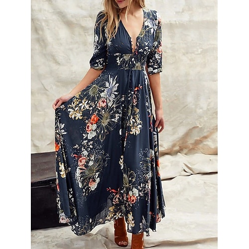

vestido longo feminino vestido longo azul meia manga estampa floral em patchwork primavera verão decote em v personalizado elegante férias 2023 xxl