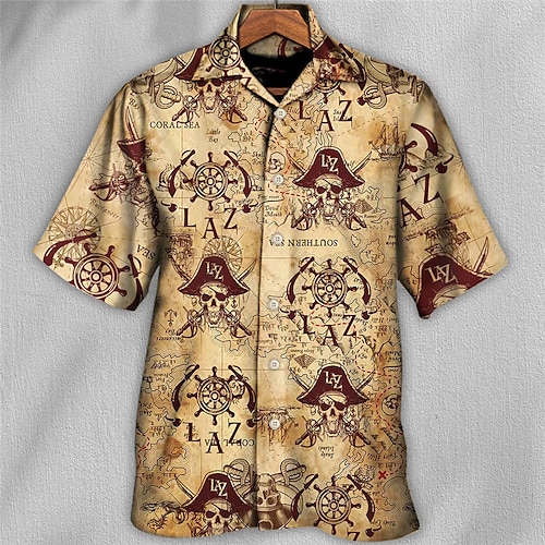 

Homens Camisa Social Camisa havaiana Camisas havaianas vintage Estampas Abstratas Pirata colar cubano Cáqui Casual Havaiana Manga Curta Botão para baixo Imprimir Roupa Tropical Moda Roupa de rua