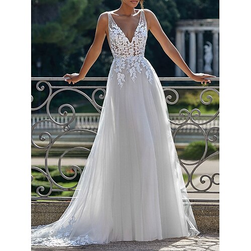 

Sensuale Abiti da sposa Strascico da cappella Da ballo Senza maniche Scollo a Illusione Cotone Abiti da sposa Con Bottoni Con applique 2023 Abiti da sposa