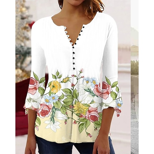 

Dames T-shirt Wit Rood blauw Bloemig nappi Afdrukken 3/4 mouw Feestdagen Weekend Basic Ronde hals Normaal Bloemen Thema S