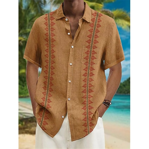 

Homens Camisa Social Camisa havaiana Tribal Estampas Abstratas Folhas Aberto para a Lateral Amarelo Ao ar livre Rua Manga Curta Botão para baixo Imprimir Roupa Linho Tropical Moda Havaiana Designer