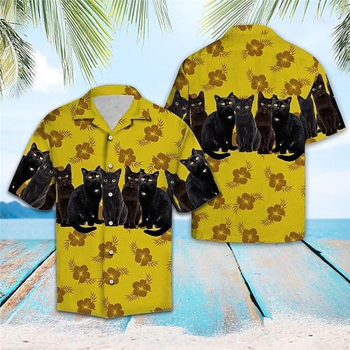 

Homme Chemise Chemise hawaïenne Floral Chat Imprimés Photos Col rabattu Jaune Plein Air Casual Manches courtes Bouton bas Imprimer Vêtement Tenue Tropique Mode Hawaïen Design