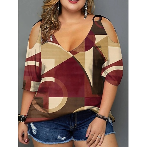 

Per donna maglietta Nero Rosso Fantasia geometrica Colorato a macchie Tagliato Stampa Manica corta Informale Fine settimana Essenziale A V Standard Geometrica Plus Size L