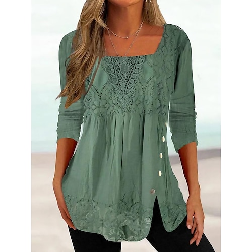 

Women's Shirt Blouse Pink Dark Green Gray Plain Lace Long Sleeve Casual Basic Square Neck Regular S