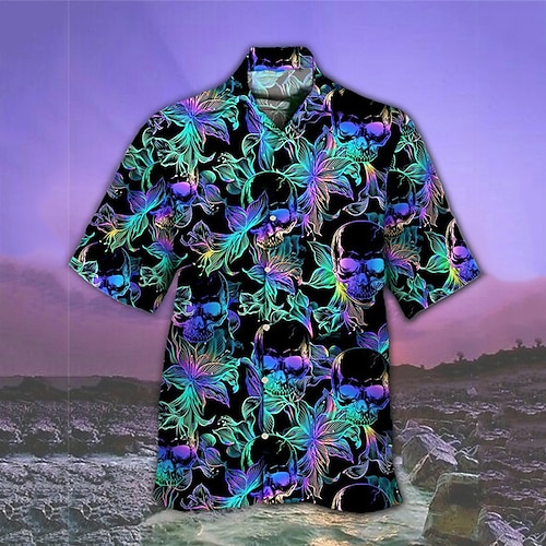 

Homens Camisa Social Camisa havaiana Floral Caveiras Estampas Abstratas colar cubano Roxo Casual Feriado Manga Curta Botão para baixo Imprimir Roupa Tropical Moda Roupa de rua Havaiana