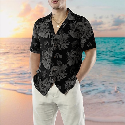 

Homens Camisa Social Camisa havaiana Caveiras Estampas Abstratas Aberto para a Lateral Preto Casual Feriado Manga Curta Botão para baixo Imprimir Roupa Tropical Moda Roupa de rua Havaiana