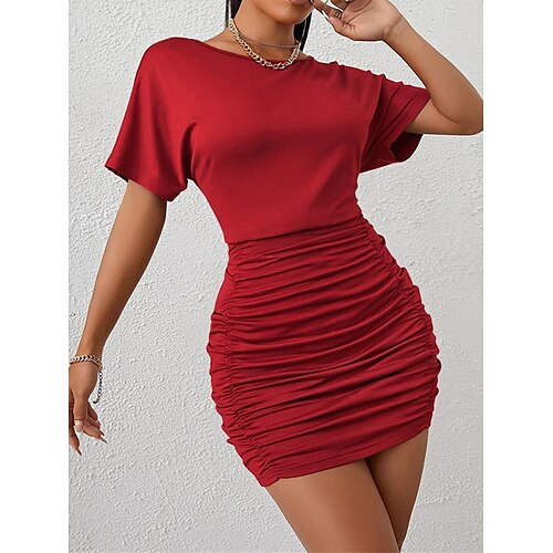 

kvinders arbejdssweater kjole skede sweaterkjole semi-formel sweaterkjole mode mini sweaterkjole ruched rund hals kortærmet almindelig løs pasform rød forår sommer s m l xl